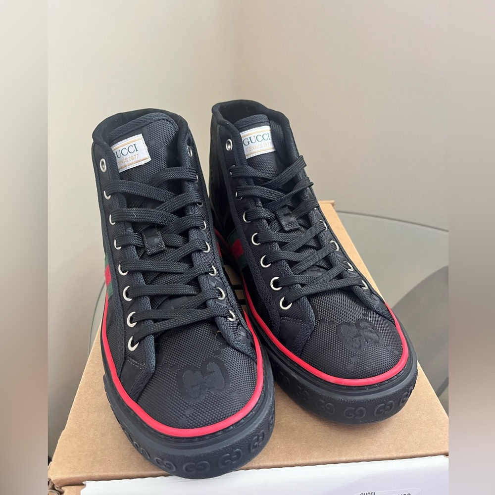 Gucci Black High-Top Sneakers with Red and Green Web Stripe - Picture 4 of 6